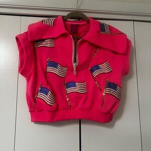 QUEEN OF SPARKLES Bright Pink Flag Embellished Top